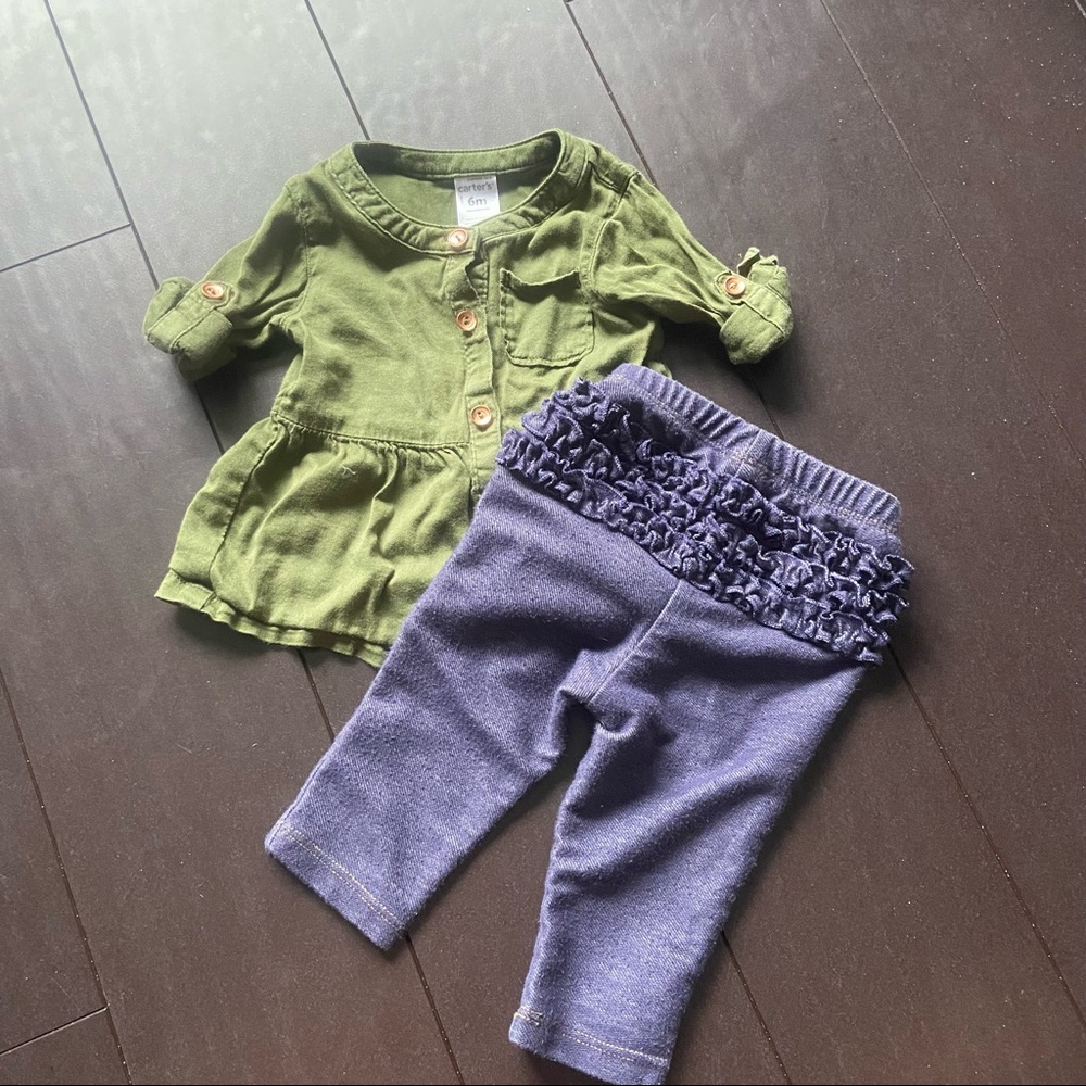 Carter’s & Old Navy baby girl olive tunic & jeggings 6M EUC
